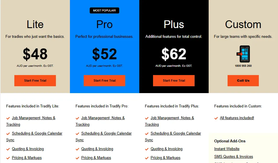 Tradify pricing dashboard